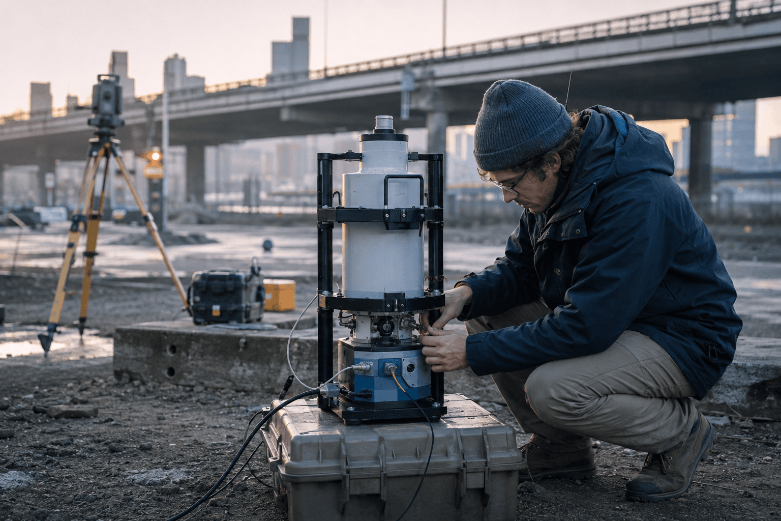A field physicist operates a precision gravimeter beneath urban infrastructure